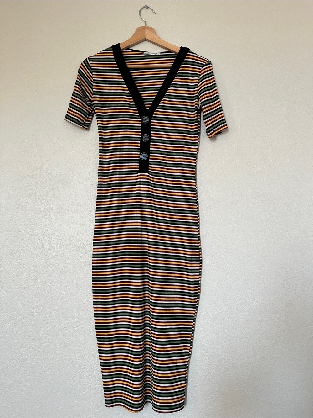Zara Striped Rib-Knit Midi Dress with V-Neck Button Detail - Black/Multicolor